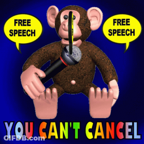 A Cartoon Monkey Holding A Microphone With Speech Bubbles That Say Free Speech And You Can 'T Cancel GIF