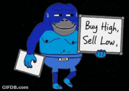 A Cartoon Monkey Holding A Sign That Says Buy High Sell Low GIF