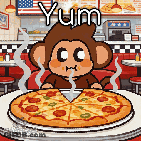 A Cartoon Monkey Is Eating A Pizza In A Diner And The Words Yum Are Above Him GIF