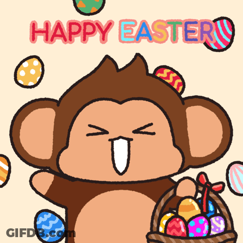 A Cartoon Monkey Is Holding A Basket Of Easter Eggs GIF