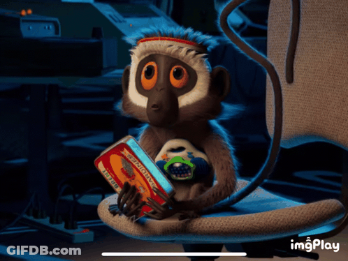 A Cartoon Monkey Is Holding A Book That Says ' Monkey ' On It GIF