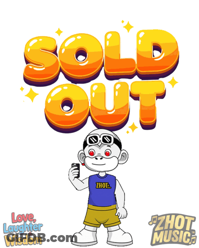 A Cartoon Monkey Is Holding A Cell Phone In Front Of The Words Sold Out GIF