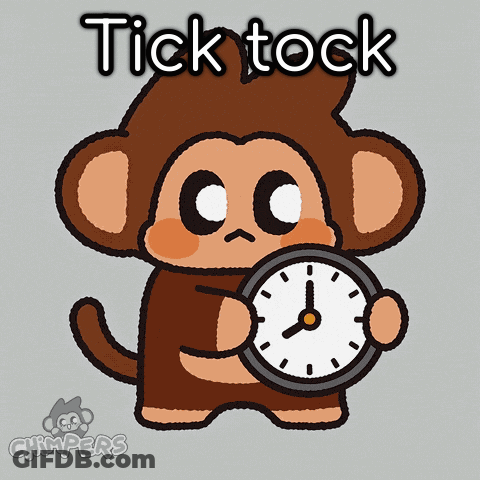 A Cartoon Monkey Is Holding A Clock With The Words Tick Tock Above It GIF