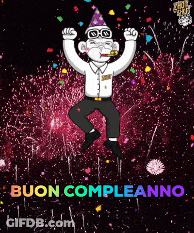 A Cartoon Monkey Is Jumping In The Air With The Words Buon Compleanno Written Below Him GIF