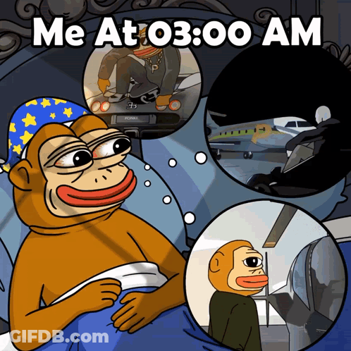 A Cartoon Monkey Is Laying In Bed With The Words Me At 03:00 Am Above Him GIF