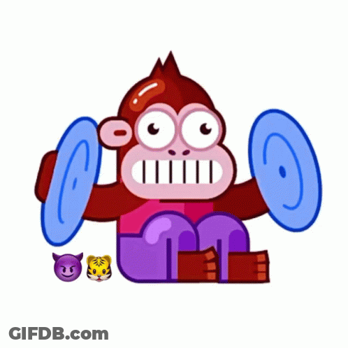 A Cartoon Monkey Is Lifting A Blue Dumbbell Surrounded By Emojis GIF