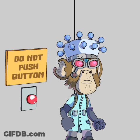 A Cartoon Monkey Is Pushing A Button Next To A Sign That Says Do Not Push Button GIF