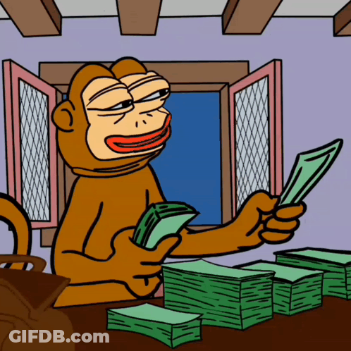 A Cartoon Monkey Is Sitting At A Table Holding A Stack Of Money GIF