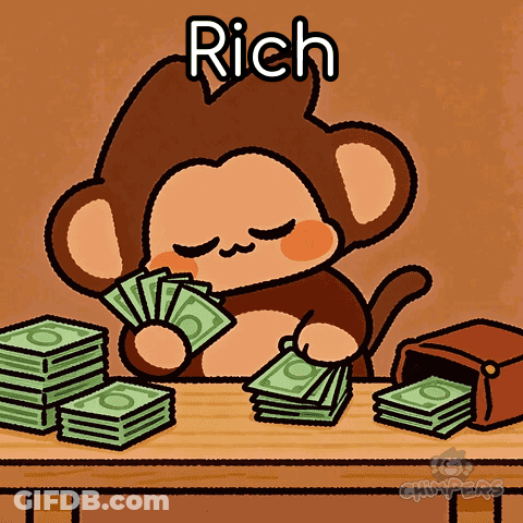 A Cartoon Monkey Is Sitting At A Table With Stacks Of Money And The Word Rich Written Above It GIF