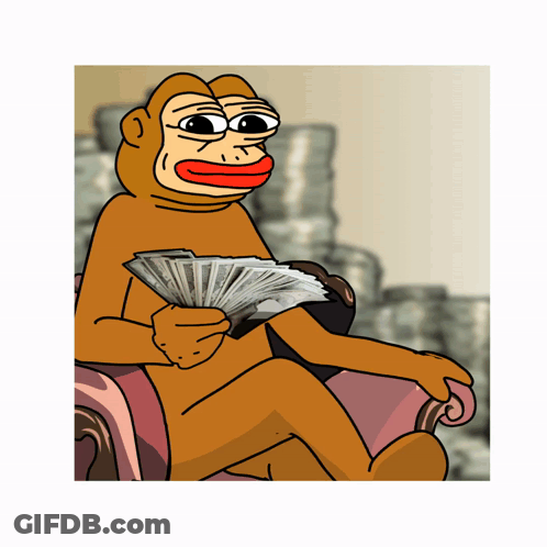 A Cartoon Monkey Is Sitting On A Chair Holding A Fan Of Money GIF
