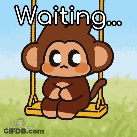 A Cartoon Monkey Is Sitting On A Swing With The Words " Waiting " Written Above Him GIF