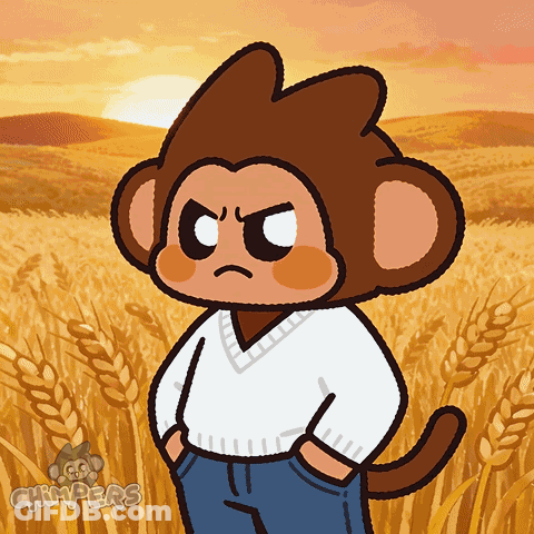 A Cartoon Monkey Is Standing In A Field With His Hands In His Pockets And The Word Chimpers On The Bottom Left GIF