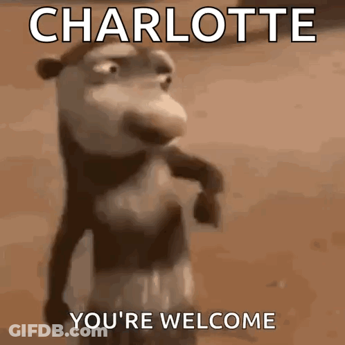 A Cartoon Monkey Is Standing In Front Of A Brown Background And Says Charlotte You 'Re Welcome . GIF