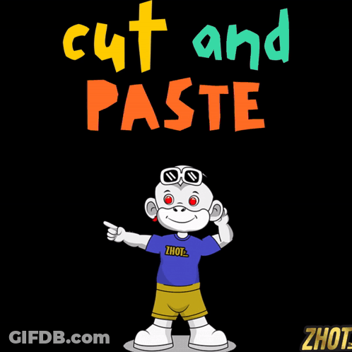 A Cartoon Monkey Is Standing In Front Of A Sign That Says " Cut And Paste " GIF