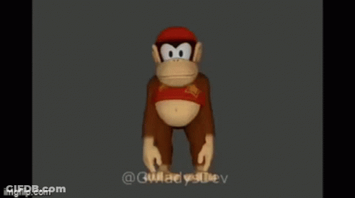 A Cartoon Monkey Is Standing On A Gray Background . GIF