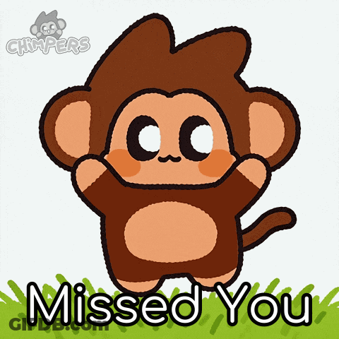 A Cartoon Monkey Says " Missed You " In Front Of A Grassy Field GIF