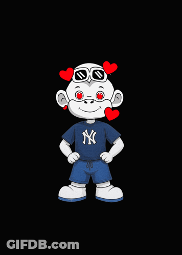 A Cartoon Monkey Wearing A Ny Shirt And Shorts With Red Hearts In His Eyes GIF