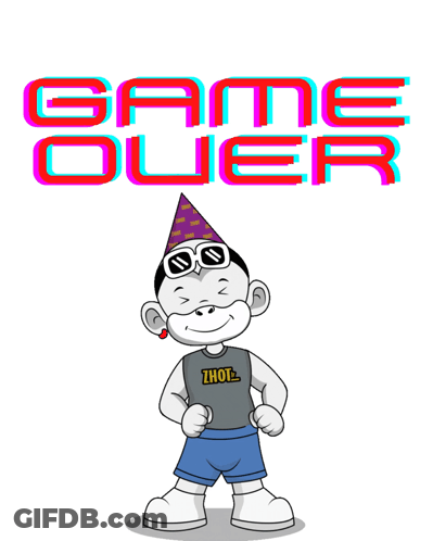 A Cartoon Monkey Wearing A Party Hat And Sunglasses Stands In Front Of A Game Over Sign GIF