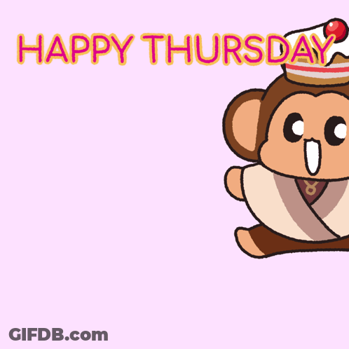 A Cartoon Monkey With A Cake On Its Head And The Words Happy Thursday GIF