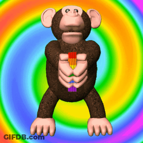 A Cartoon Monkey With A Rainbow Colored Shirt On His Chest GIF