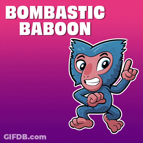 A Cartoon Monkey With The Words Bombastic Baboon Behind It GIF