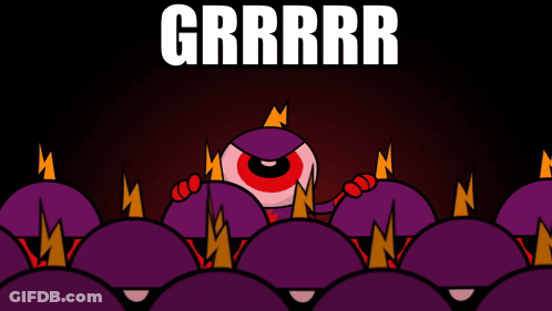 A Cartoon Monster Is Surrounded By Purple Balls And The Words Grrrr Are Above Him GIF