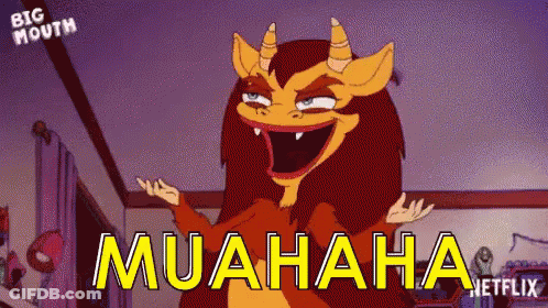A Cartoon Monster With Horns Is Laughing With The Words Muahaha Written In Yellow GIF