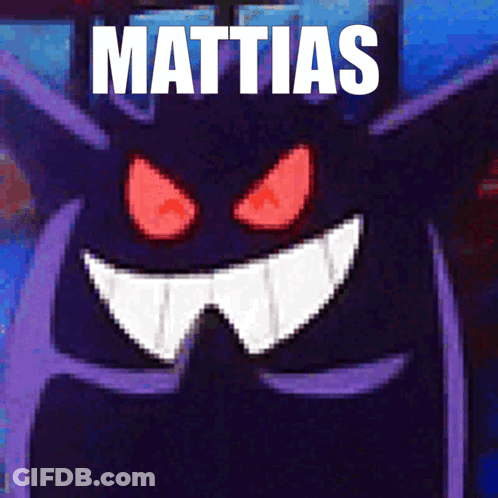 A Cartoon Monster With Red Eyes And The Name Mattias On It GIF