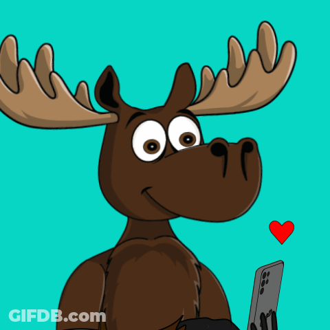 A Cartoon Moose Holding A Cell Phone With A Red Heart On It GIF