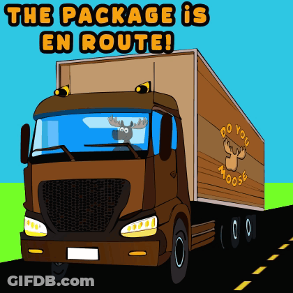 A Cartoon Moose Is Driving A Truck That Says The Package Is En Route GIF