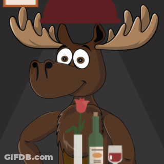 A Cartoon Moose Is Holding A Bottle Of Wine And A Vase Of Flowers GIF