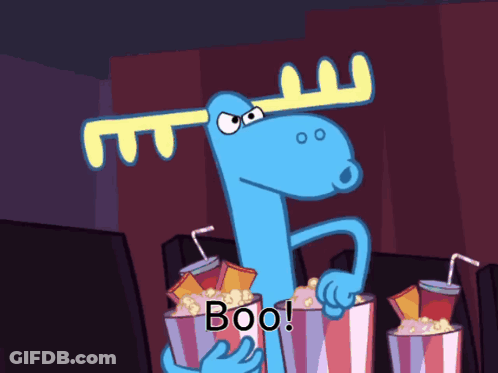 A Cartoon Moose Is Holding Buckets Of Popcorn And Drinks With The Words Boo Written Below It GIF