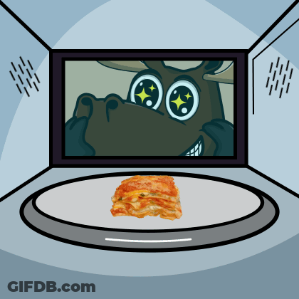 A Cartoon Moose Is Looking At A Slice Of Lasagna GIF