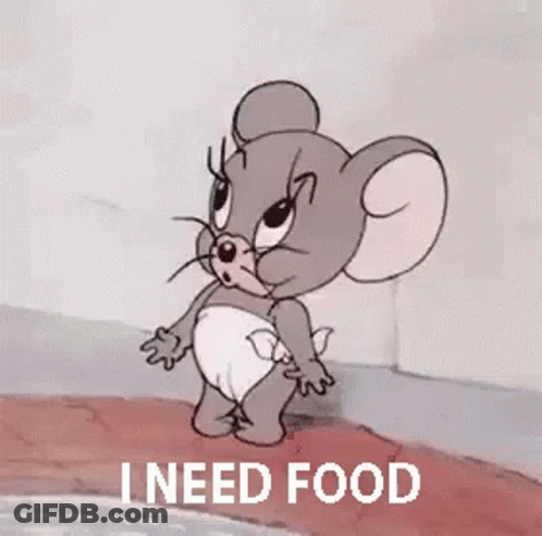 A Cartoon Mouse In A Diaper Is Yawning While Holding A Microphone And Says `` I Need Food '' . GIF