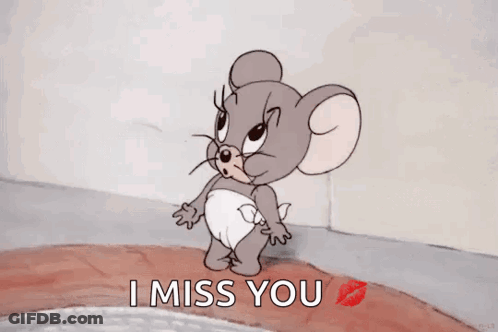 A Cartoon Mouse In A Diaper With The Words `` I Miss You '' Written On The Bottom . GIF