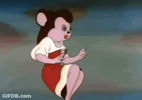 A Cartoon Mouse In A Red And White Dress Is Sitting Down GIF
