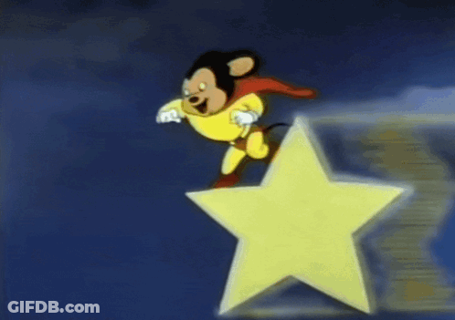 A Cartoon Mouse In A Superhero Costume Is Standing On A Yellow Star GIF