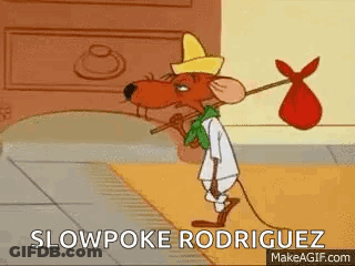 A Cartoon Mouse Is Carrying A Bag On A Stick And Saying `` Slowpoke Rodriguez '' . GIF
