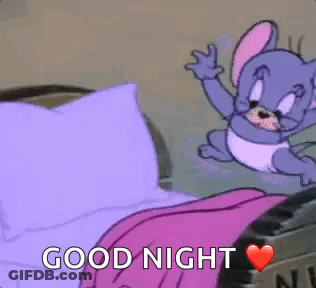 A Cartoon Mouse Is Flying Over A Bed With The Words `` Good Night '' Written On It . GIF