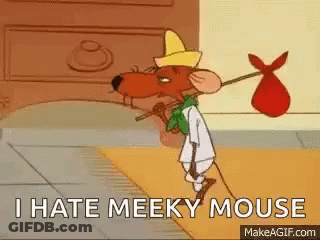 A Cartoon Mouse Is Holding A Bag And Says `` I Hate Meeky Mouse '' . GIF