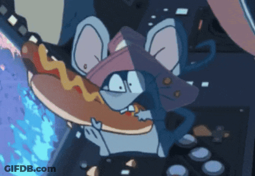 A Cartoon Mouse Is Holding A Hot Dog In His Mouth GIF