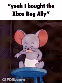A Cartoon Mouse Is Sitting On A Blue Stool With The Caption " Yeah I Bought The Xbox Rog Ally " . GIF