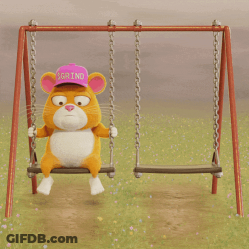 A Cartoon Mouse Is Sitting On A Swing Wearing A Pink Grind Hat GIF