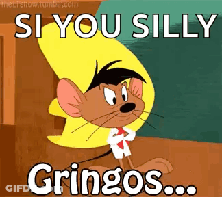 A Cartoon Mouse Is Standing In Front Of A Sign That Says Si You Silly Gringos GIF
