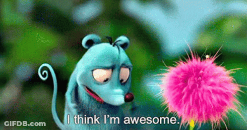 A Cartoon Mouse Is Standing Next To A Pink Flower And Saying I Think I 'M Awesome . GIF