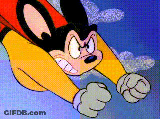 A Cartoon Mouse Is Wearing A Red Cape And Flying Through The Air . GIF