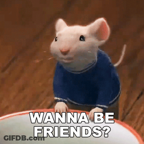 A Cartoon Mouse Wearing A Blue Sweater Says " Wanna Be Friends ? " GIF