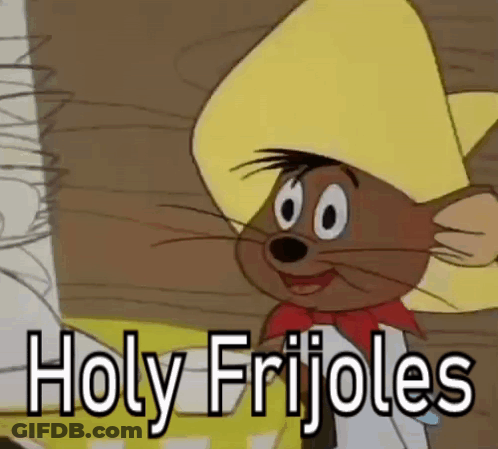 A Cartoon Mouse Wearing A Cowboy Hat And A Bow Tie Is Saying Holy Frijoles . GIF