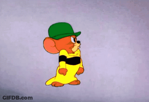 A Cartoon Mouse Wearing A Green Hat And A Yellow And Black Outfit GIF