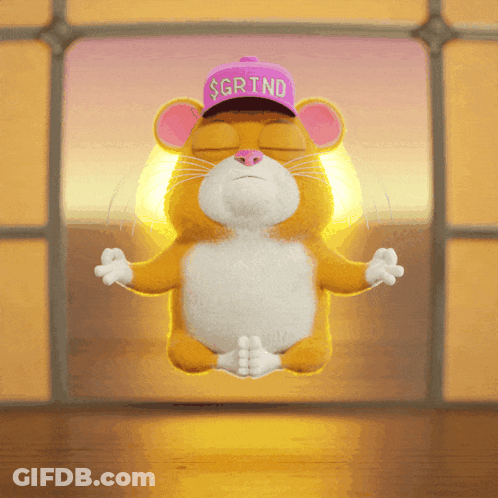 A Cartoon Mouse Wearing A Purple Hat That Says Grind GIF